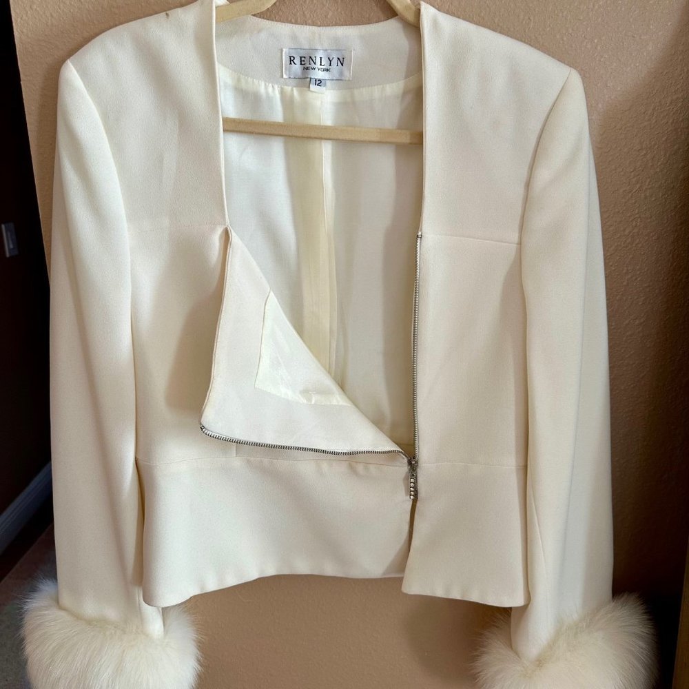 Renlin Real Fox Fur Cuffs Ivory Top Jacket Blazer 12 Lined Zipper Soft